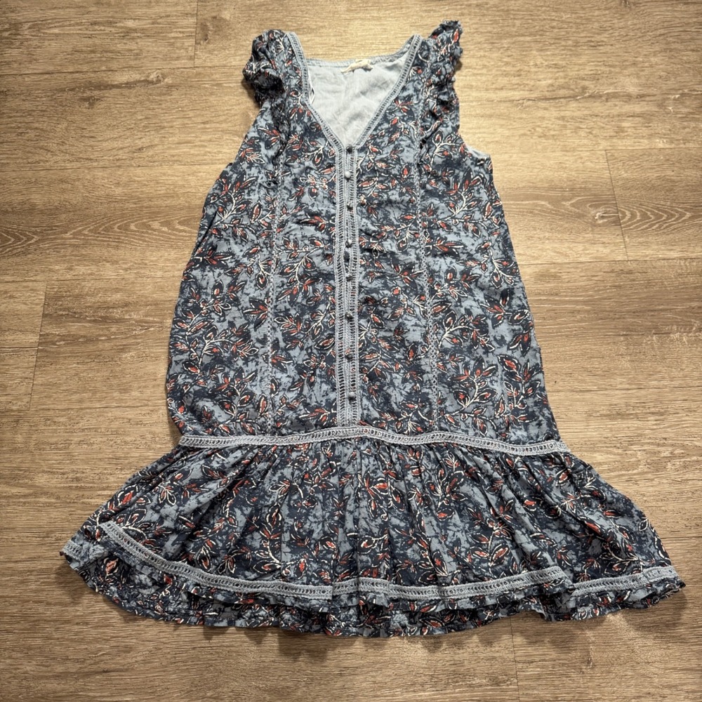 Lucky Brand Dress Women S Blue Cotton Blend Floral Boho Peasant Summer Casual